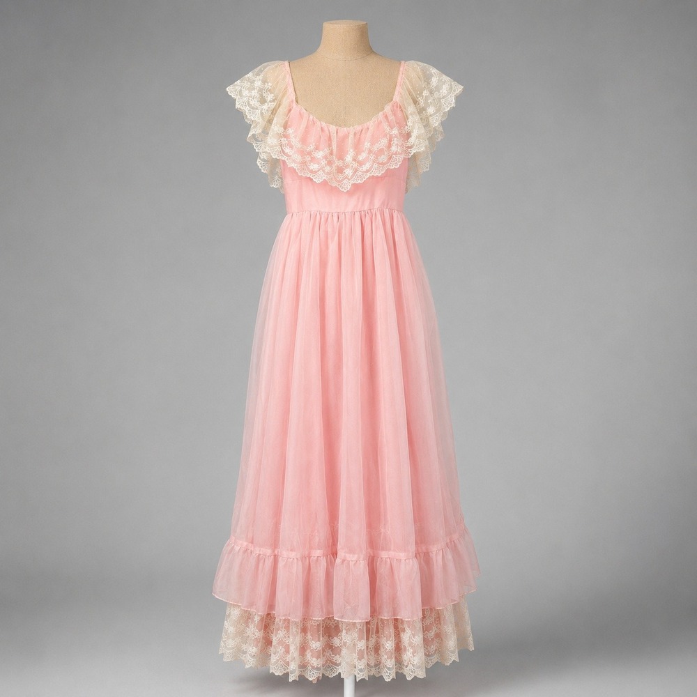 Vintage 70s Princess Lace Maxi Dress Size XS Pink Tiered Ruffle Fairy Prom Gown